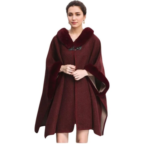 Sweaters - HOT Women's Luxury Batwing Sleeve Faux Fur Cape-Burgundy